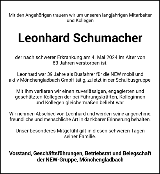 Traueranzeige von Leonhard Schumacher von Rheinische Post