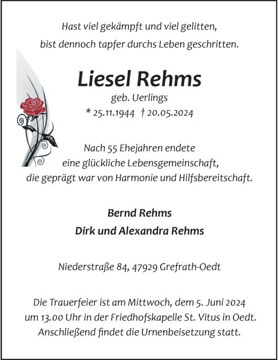 Traueranzeige von Liesel Rehms von Rheinische Post