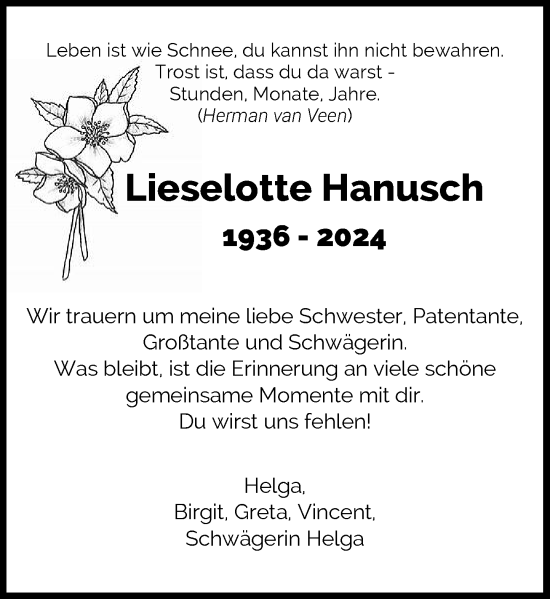 Traueranzeige von Lieselotte Hanusch von Rheinische Post