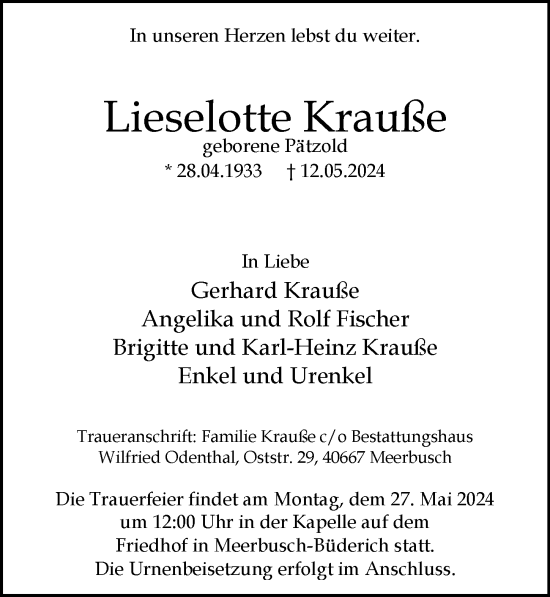 Traueranzeige von Lieselotte Krauße von Rheinische Post