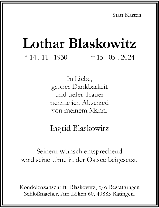 Traueranzeige von Lothar Blaskowitz von Rheinische Post