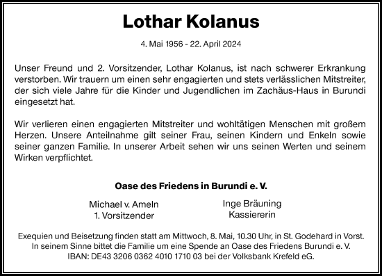 Traueranzeige von Lothar Kolanus von Rheinische Post