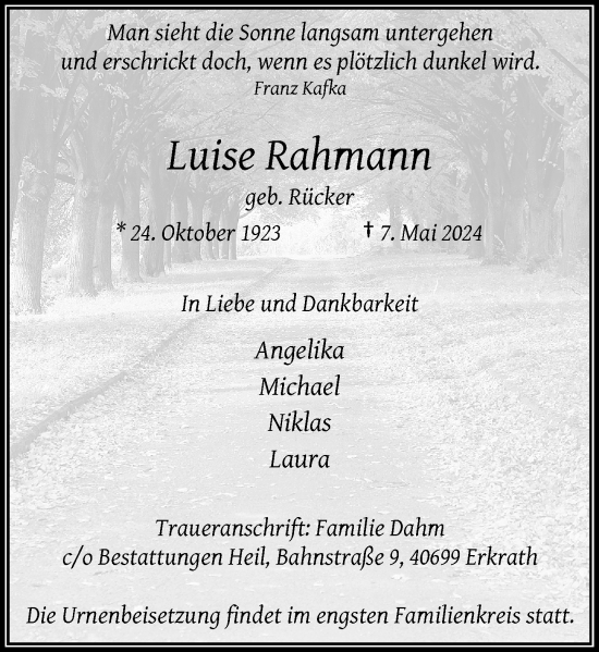 Traueranzeige von Luise Rahmann von Rheinische Post