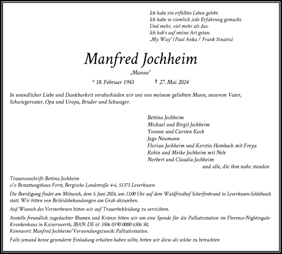 Traueranzeige von Manfred Jochheim von Rheinische Post
