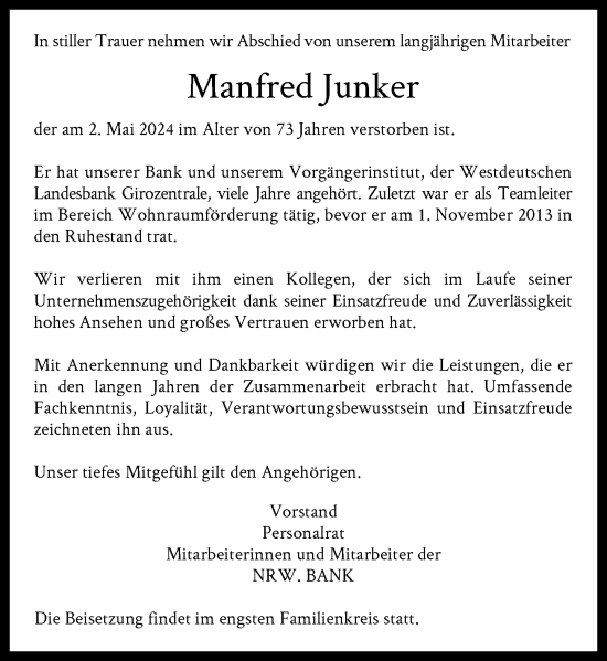 Traueranzeige von Manfred Junker von Rheinische Post