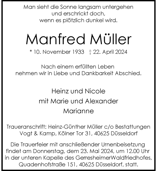 Traueranzeige von Manfred Müller von Rheinische Post