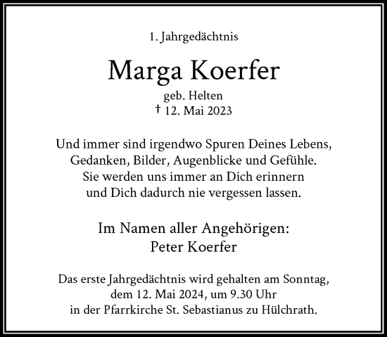 Traueranzeige von Marga Koerfer von Rheinische Post