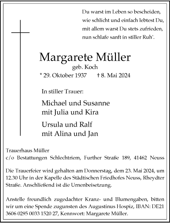 Traueranzeige von Margarete Müller von Rheinische Post