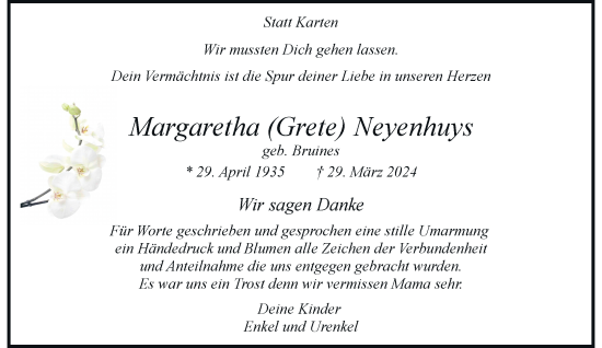 Traueranzeige von Margaretha Neyenhuys von Rheinische Post