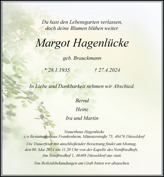 Traueranzeige von Margot Hagenlücke von Rheinische Post