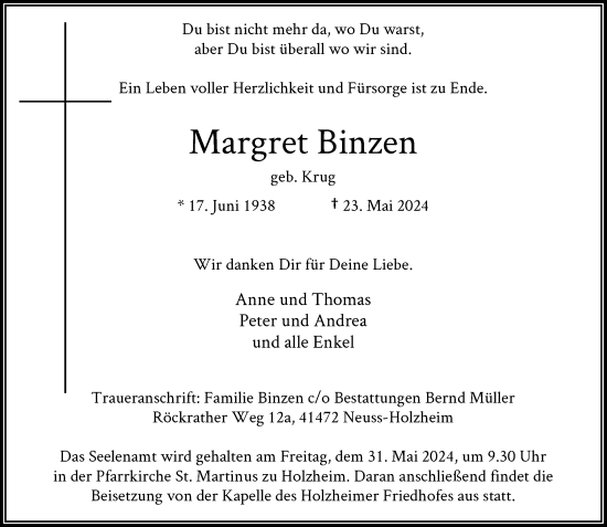 Traueranzeige von Margret Binzen von Rheinische Post