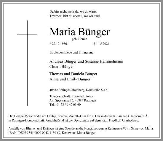 Traueranzeige von Maria Bünger von Rheinische Post
