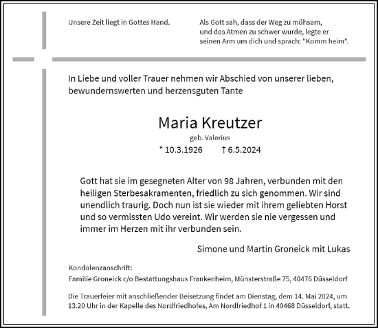 Traueranzeige von Maria Kreutzer von Rheinische Post