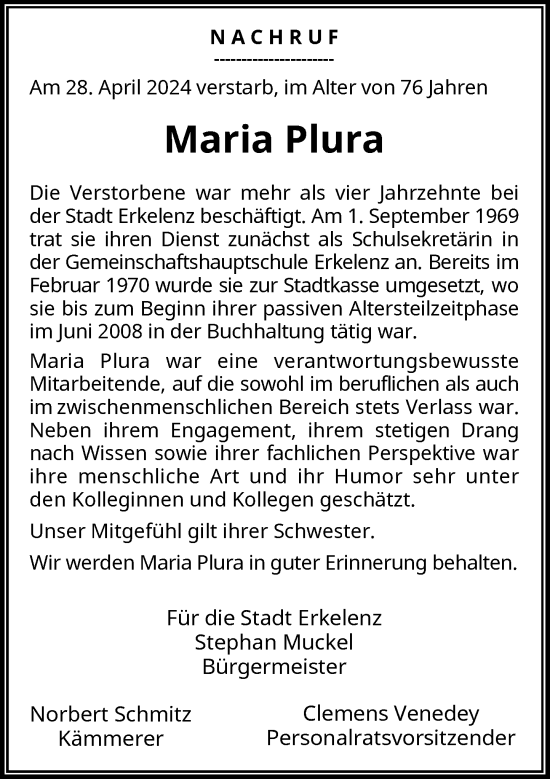 Traueranzeige von Maria Plura von Rheinische Post