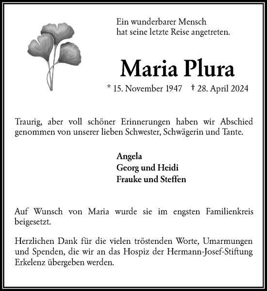 Traueranzeige von Maria Plura von Rheinische Post