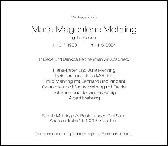 Traueranzeige von Maria Magdalene Mehring von Rheinische Post