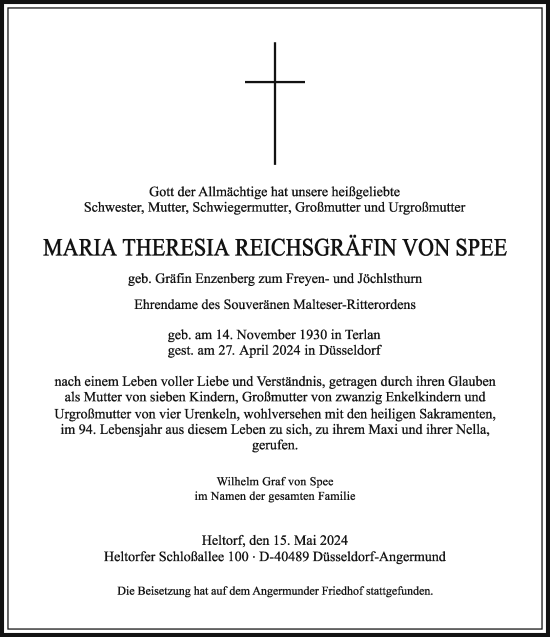 Traueranzeige von Maria Theresia Reichsgräfin von Spee von Rheinische Post
