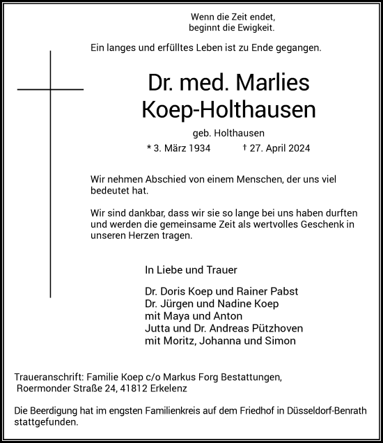 Traueranzeige von Marlies Koep-Holthausen von Rheinische Post