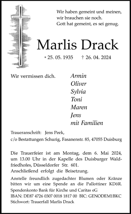 Traueranzeige von Marlis Drack von Rheinische Post
