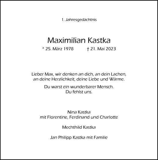 Traueranzeige von Maximilian Kastka von Rheinische Post