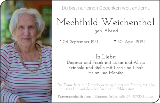 Traueranzeige von Mechthild Weichenthai von Rheinische Post