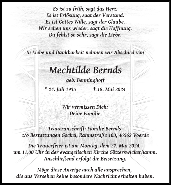 Traueranzeige von Mechtilde Bernds von Rheinische Post