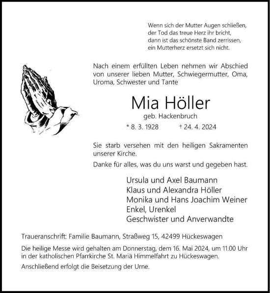Traueranzeige von Mia Höller von Rheinische Post