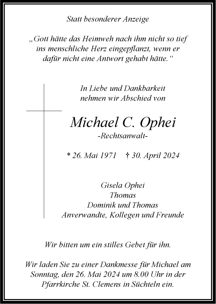  Traueranzeige für Michael  Ophei vom 18.05.2024 aus Rheinische Post
