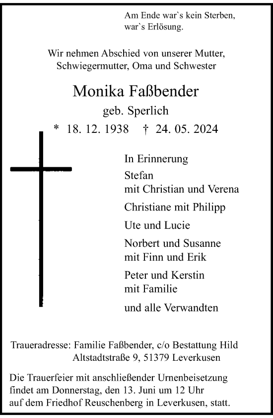 Traueranzeige von Monika Faßbender von Rheinische Post