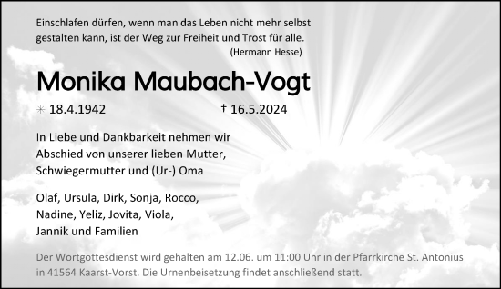 Traueranzeige von Monika Maubach-Vogt von Rheinische Post