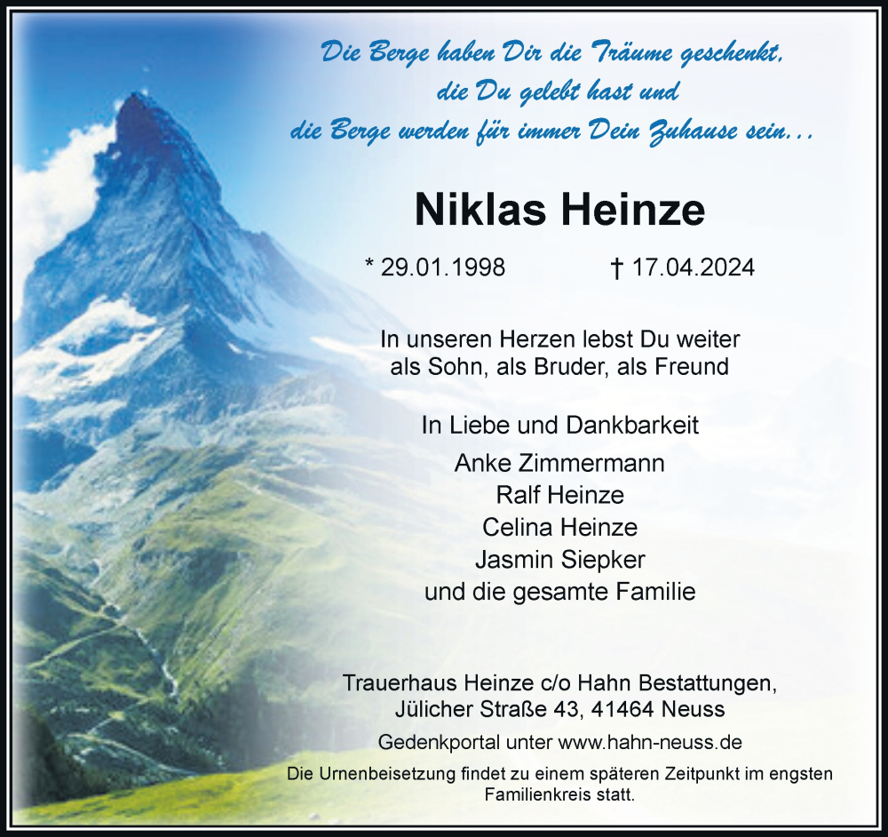  Traueranzeige für Niklas Heinze vom 04.05.2024 aus Rheinische Post