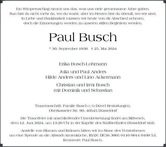 Traueranzeige von Paul Busch von Rheinische Post