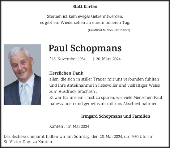 Traueranzeige von Paul Schopmans von Rheinische Post