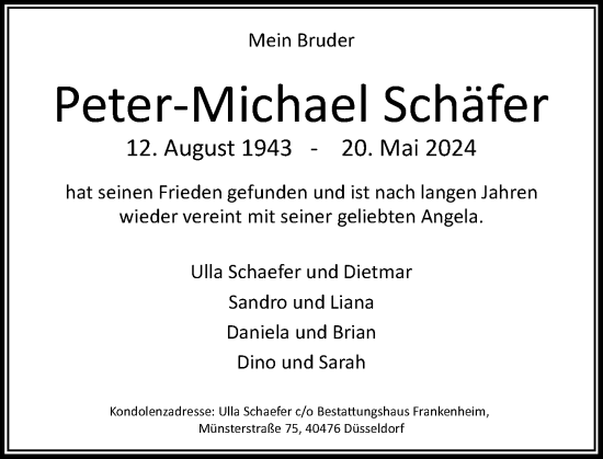 Traueranzeige von Peter-Michael Schäfer von Rheinische Post