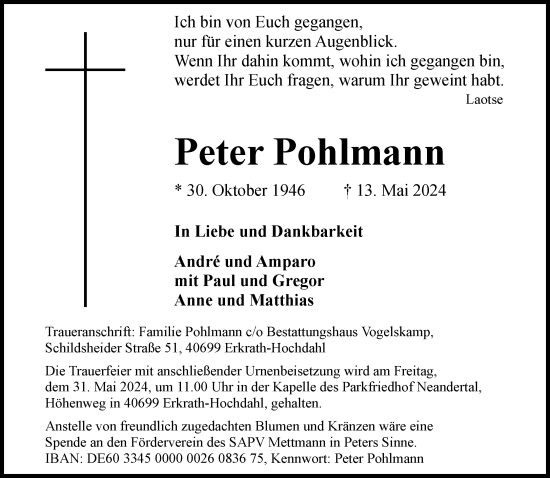Traueranzeige von Peter Pohlmann von Rheinische Post