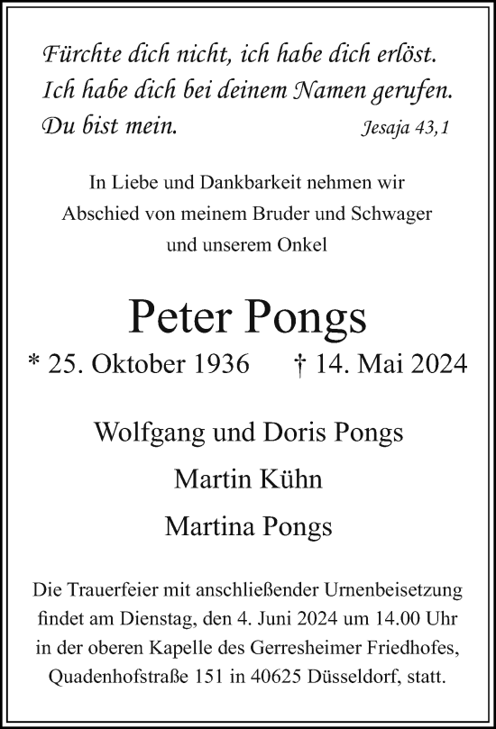 Traueranzeige von Peter Pongs von Rheinische Post