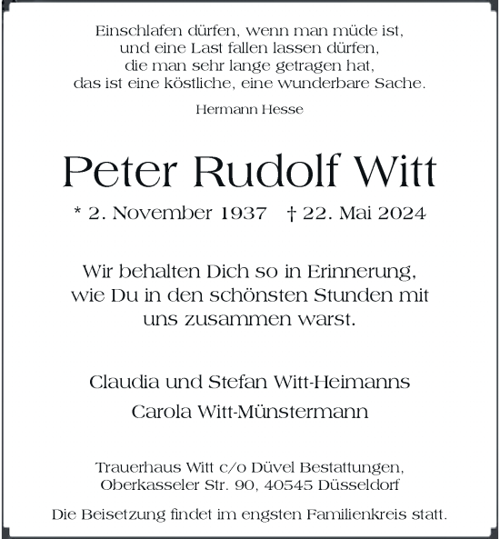 Traueranzeige von Peter Rudolf Witt von Rheinische Post