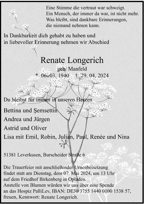 Traueranzeige von Renate Longerich von Rheinische Post