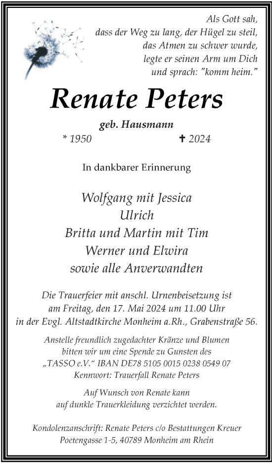 Traueranzeige von Renate Peters von Rheinische Post