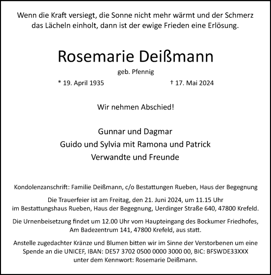 Traueranzeige von Rosemarie Deißmann von Rheinische Post
