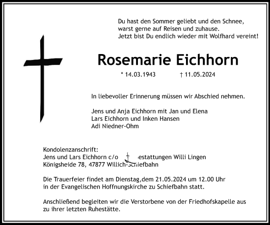 Traueranzeige von Rosemarie Eichhorn von Rheinische Post