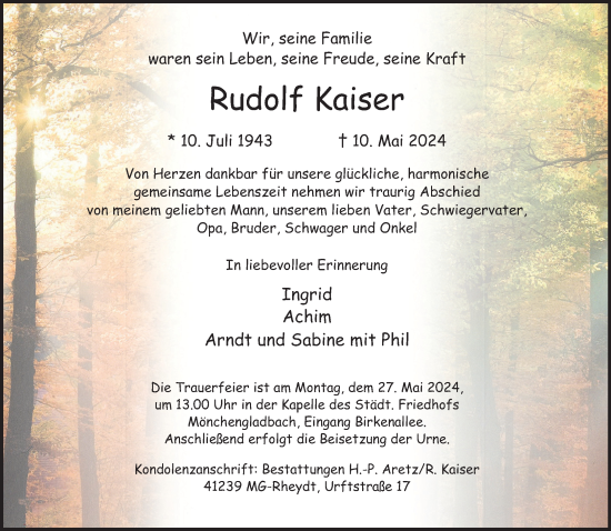 Traueranzeige von Rudolf Kaiser von Rheinische Post