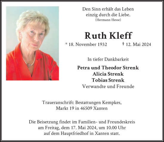 Traueranzeige von Ruth Kleff von Rheinische Post