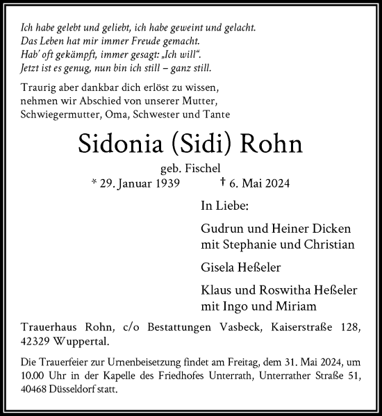 Traueranzeige von Sidonia Rohn von Rheinische Post