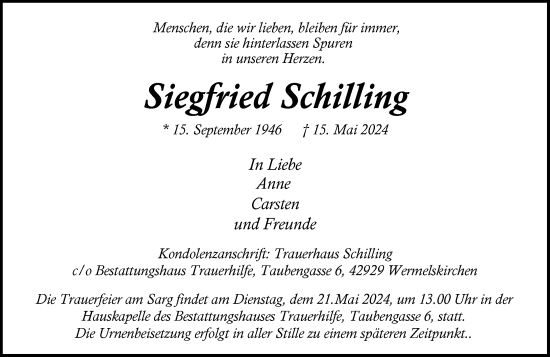 Traueranzeige von Siegfried Schilling von Rheinische Post