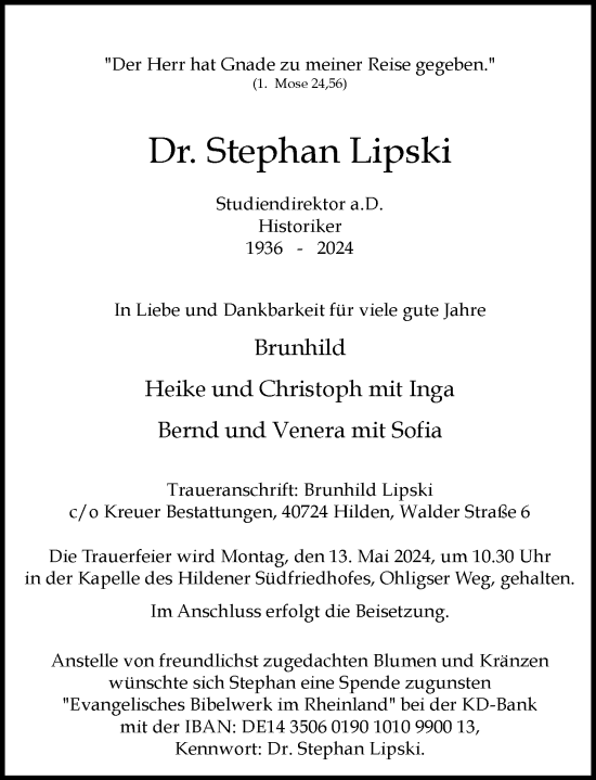 Traueranzeige von Stephan Lipski von Rheinische Post