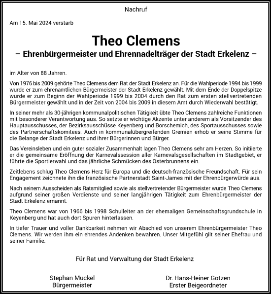 Traueranzeige von Theo Clemens von Rheinische Post