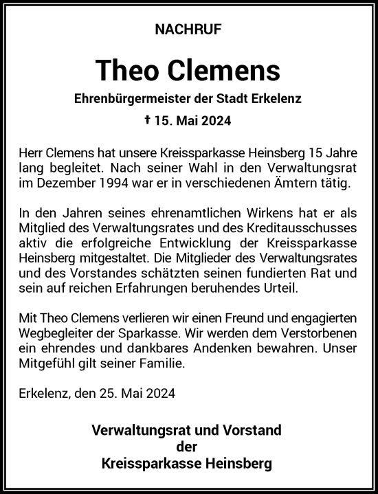 Traueranzeige von Theo Clemens von Rheinische Post