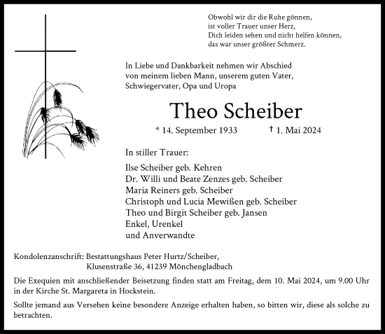 Traueranzeige von Theo Scheiber von Rheinische Post