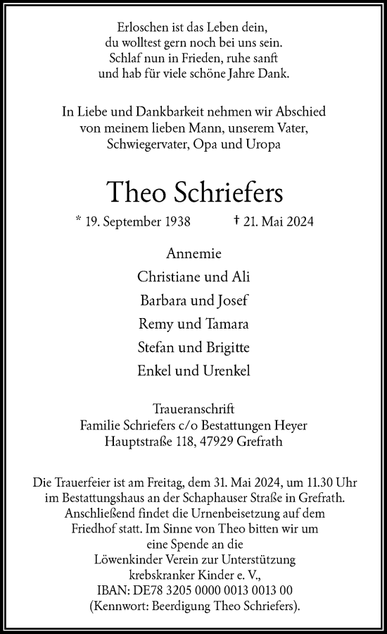 Traueranzeige von Theo Schriefers von Rheinische Post